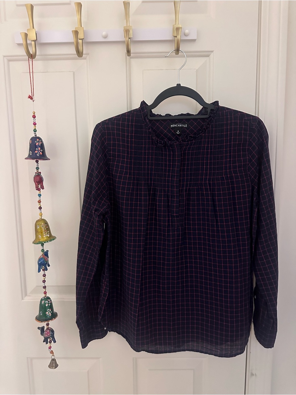J. Crew Navy Long-Sleeve Check Blouse with Ruffle Collar